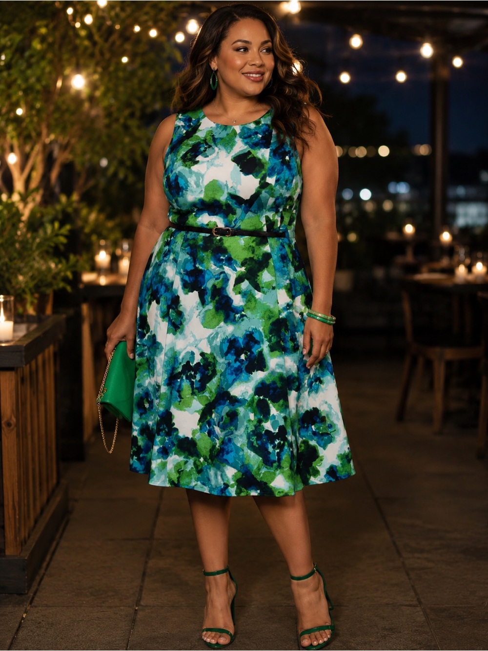 Dress Barn Sleeveless Floral Midi Dress in Blue & Green with Black Belt